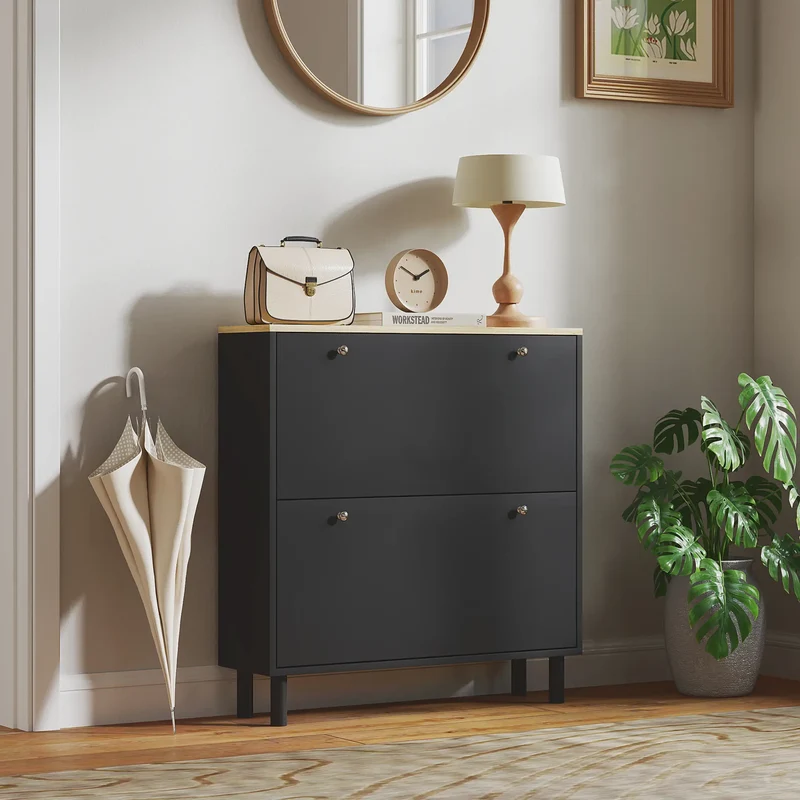 2 Drawers Shoe Storage Cabinet, Adjustable Shelves, 16 Pairs, Black