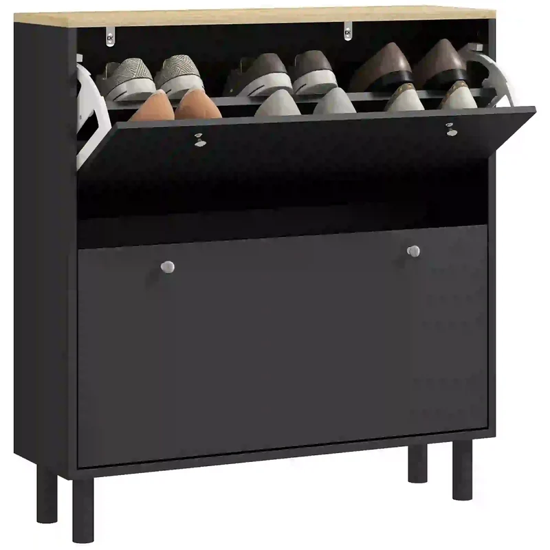 2 Drawers Shoe Storage Cabinet, Adjustable Shelves, 16 Pairs, Black