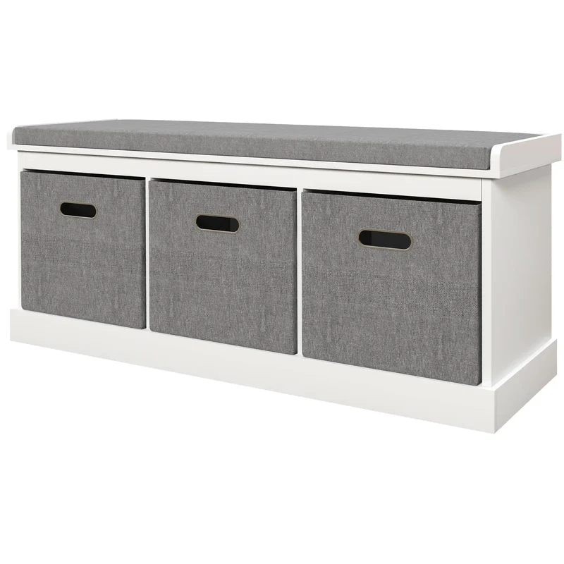 Shoe Storage Bench With Seat, 3 Fabric Drawers, White