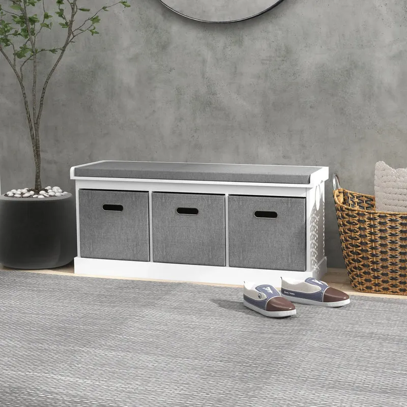 Shoe Storage Bench With Seat, 3 Fabric Drawers, White