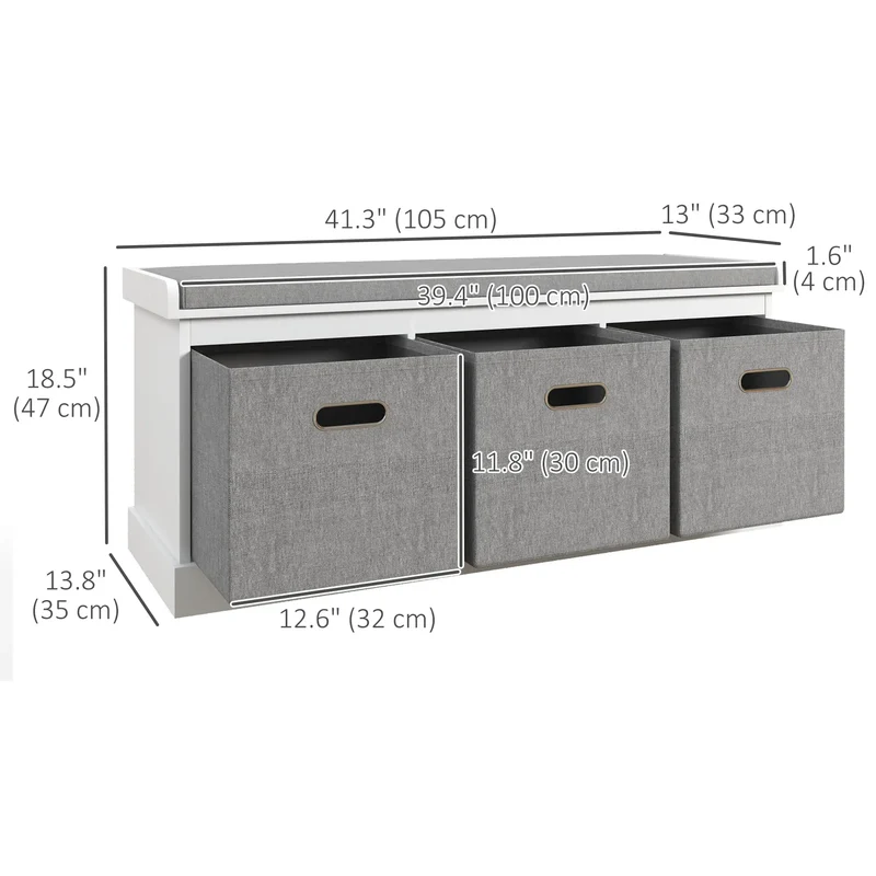 Shoe Storage Bench With Seat, 3 Fabric Drawers, White