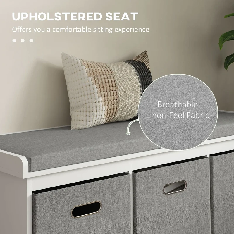 Shoe Storage Bench With Seat, 3 Fabric Drawers, White