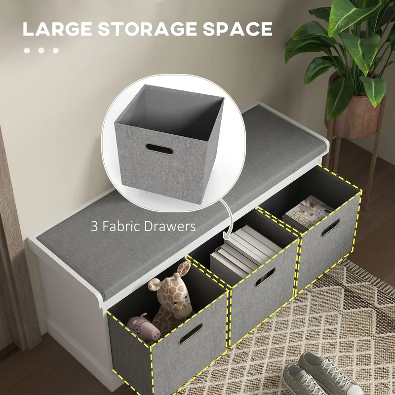 Shoe Storage Bench With Seat, 3 Fabric Drawers, White