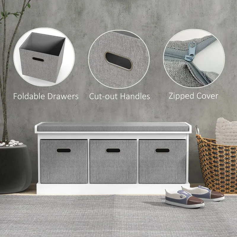 Shoe Storage Bench With Seat, 3 Fabric Drawers, White
