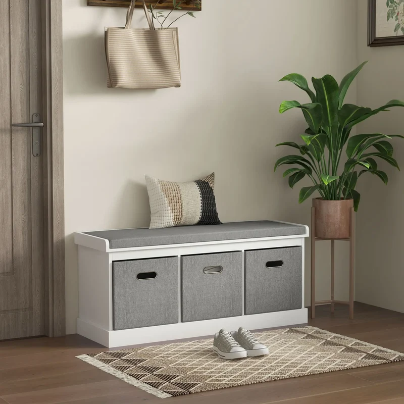 Shoe Storage Bench With Seat, 3 Fabric Drawers, White