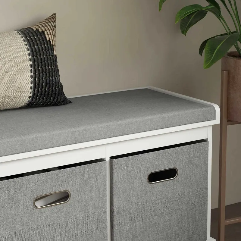 Shoe Storage Bench With Seat, 3 Fabric Drawers, White