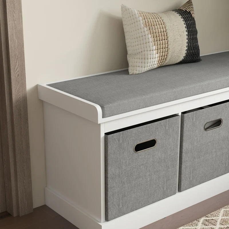 Shoe Storage Bench With Seat, 3 Fabric Drawers, White