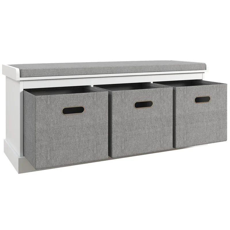 Shoe Storage Bench With Seat, 3 Fabric Drawers, White