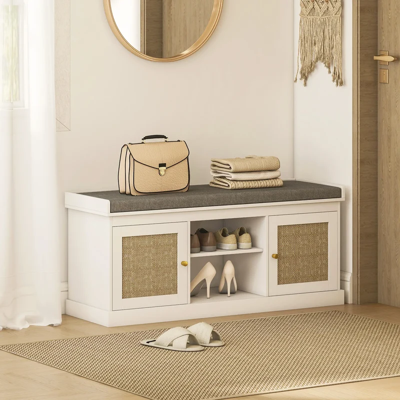 Shoe Bench with Padded Cushion, Boho Entryway, Rattan Doors, Adjustable Shelves, White
