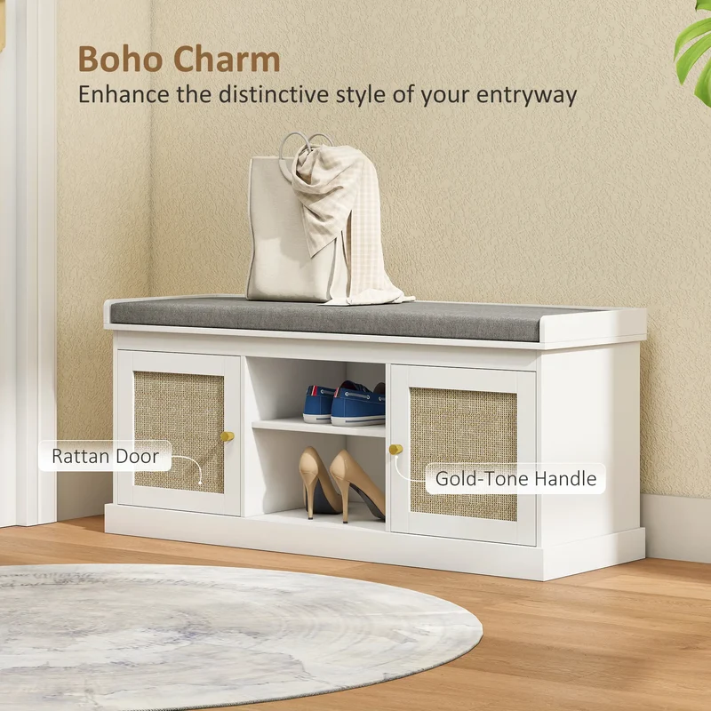 Shoe Bench with Padded Cushion, Boho Entryway, Rattan Doors, Adjustable Shelves, White