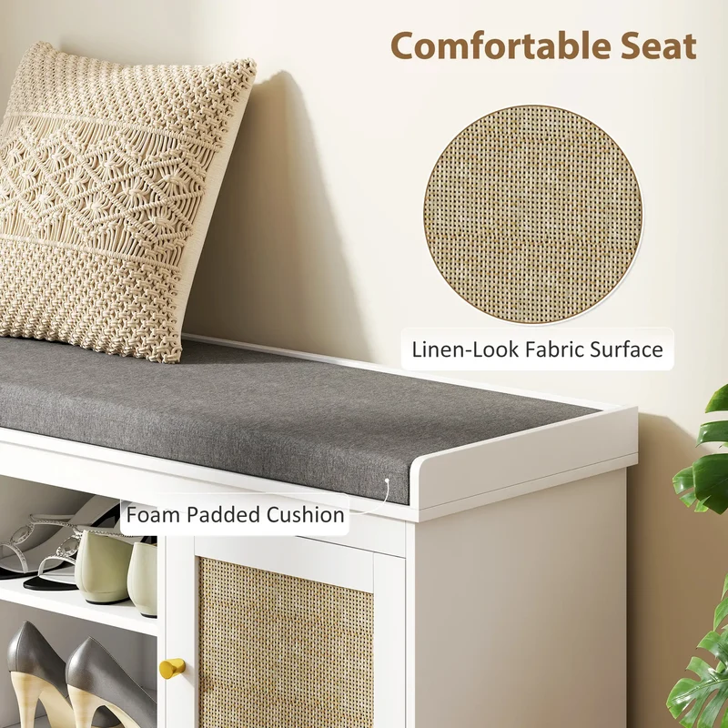 Shoe Bench with Padded Cushion, Boho Entryway, Rattan Doors, Adjustable Shelves, White