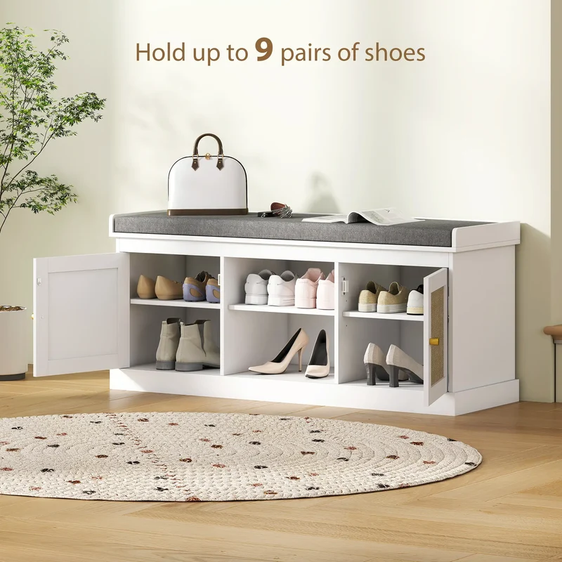 Shoe Bench with Padded Cushion, Boho Entryway, Rattan Doors, Adjustable Shelves, White