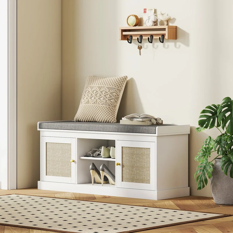 Shoe Bench with Padded Cushion, Boho Entryway, Rattan Doors, Adjustable Shelves, White