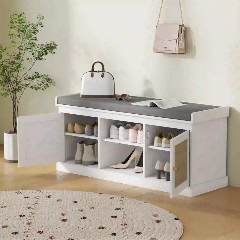 Shoe Bench with Padded Cushion, Boho Entryway, Rattan Doors, Adjustable Shelves, White