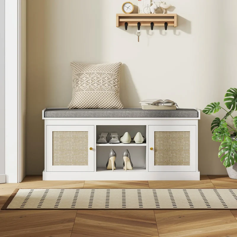 Shoe Bench with Padded Cushion, Boho Entryway, Rattan Doors, Adjustable Shelves, White