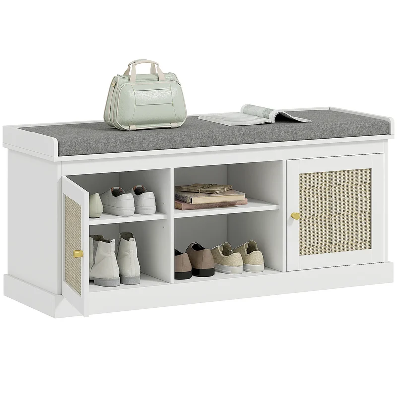 Shoe Bench with Padded Cushion, Boho Entryway, Rattan Doors, Adjustable Shelves, White