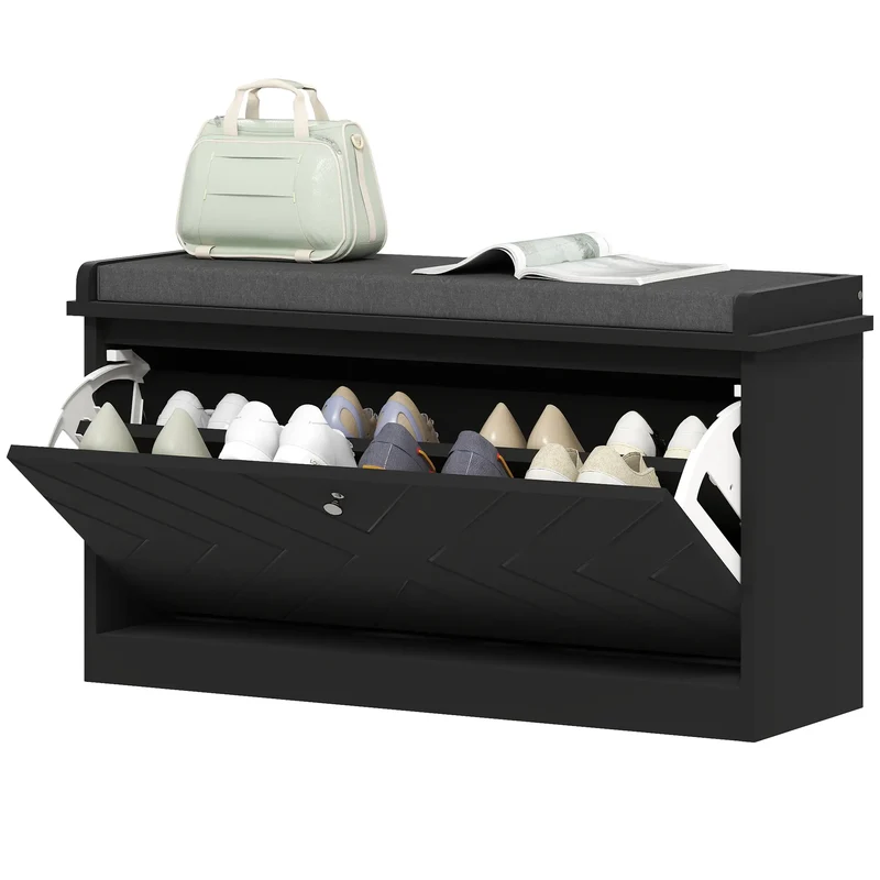 Shoe Storage Bench with Seat, Flip Drawer, Adjustable Shelf, Holds 8 Pairs
