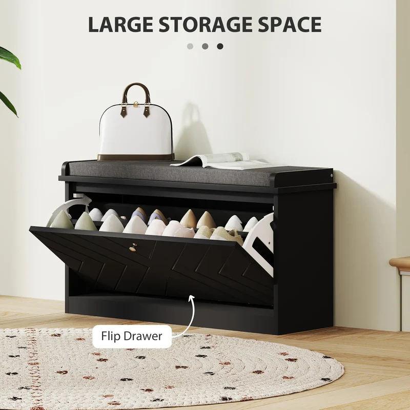 Shoe Storage Bench with Seat, Flip Drawer, Adjustable Shelf, Holds 8 Pairs
