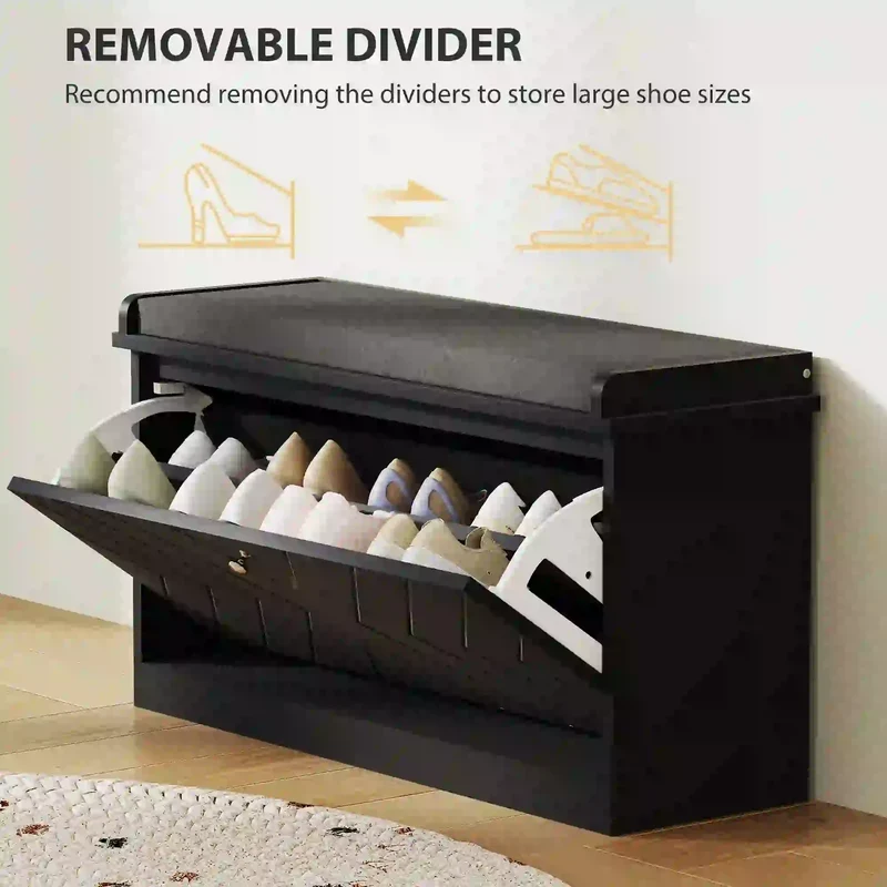 Shoe Storage Bench with Seat, Flip Drawer, Adjustable Shelf, Holds 8 Pairs