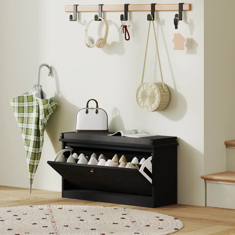 Shoe Storage Bench with Seat, Flip Drawer, Adjustable Shelf, Holds 8 Pairs