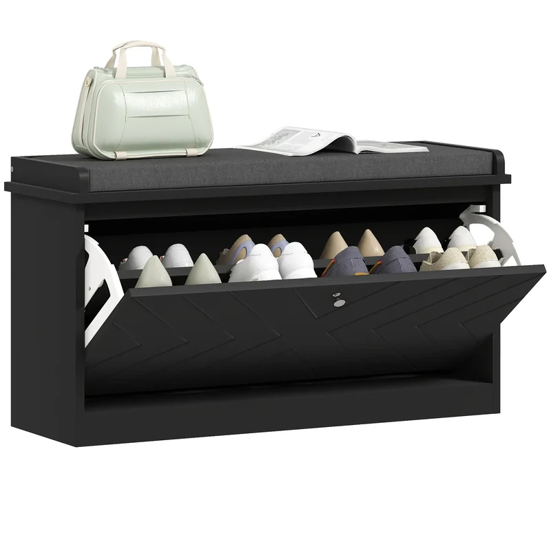 Shoe Storage Bench with Seat, Flip Drawer, Adjustable Shelf, Holds 8 Pairs