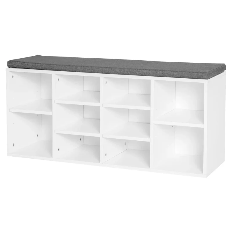 Shoe Bench with Storage, Upholstered Entryway Bench, Adjustable Shelves, White