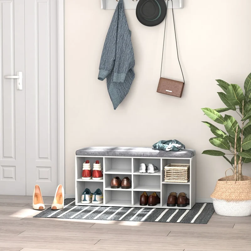 Shoe Bench with Storage, Upholstered Entryway Bench, Adjustable Shelves, White