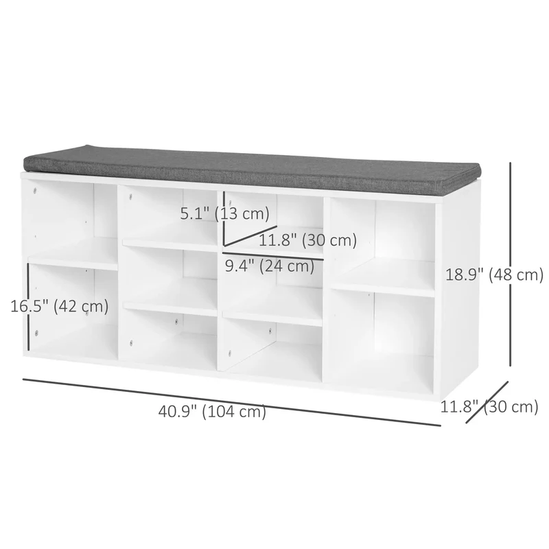 Shoe Bench with Storage, Upholstered Entryway Bench, Adjustable Shelves, White