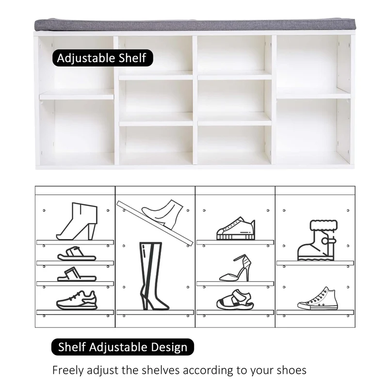 Shoe Bench with Storage, Upholstered Entryway Bench, Adjustable Shelves, White