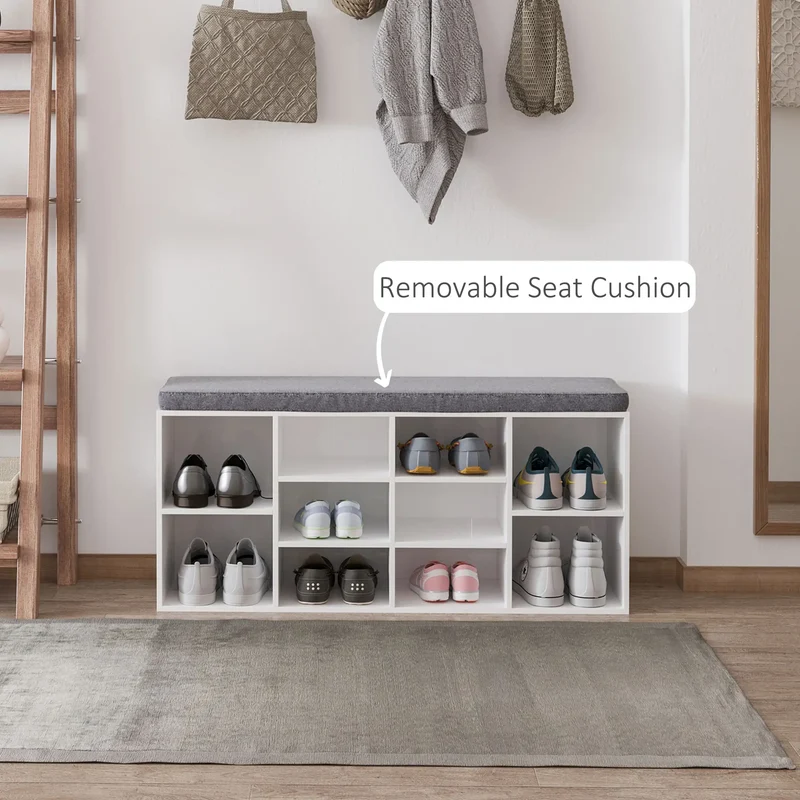 Shoe Bench with Storage, Upholstered Entryway Bench, Adjustable Shelves, White