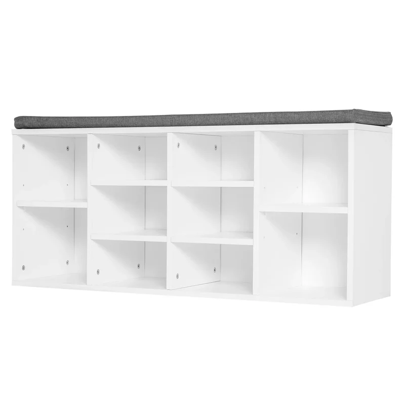 Shoe Bench with Storage, Upholstered Entryway Bench, Adjustable Shelves, White