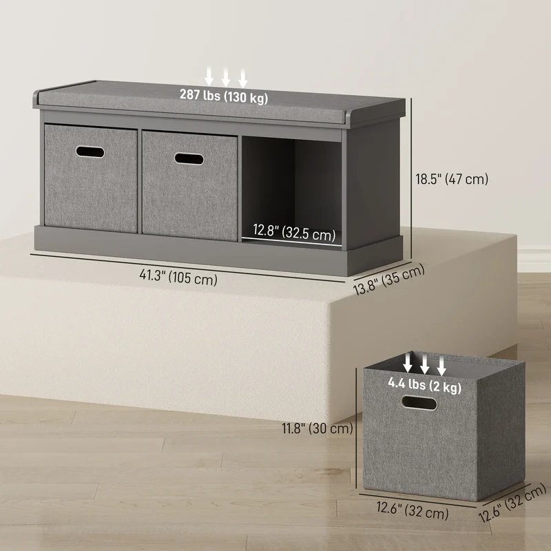 Shoe Storage Bench with Seat, 3 Fabric Drawers, Grey