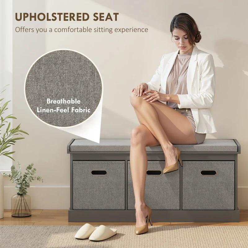 Shoe Storage Bench with Seat, 3 Fabric Drawers, Grey