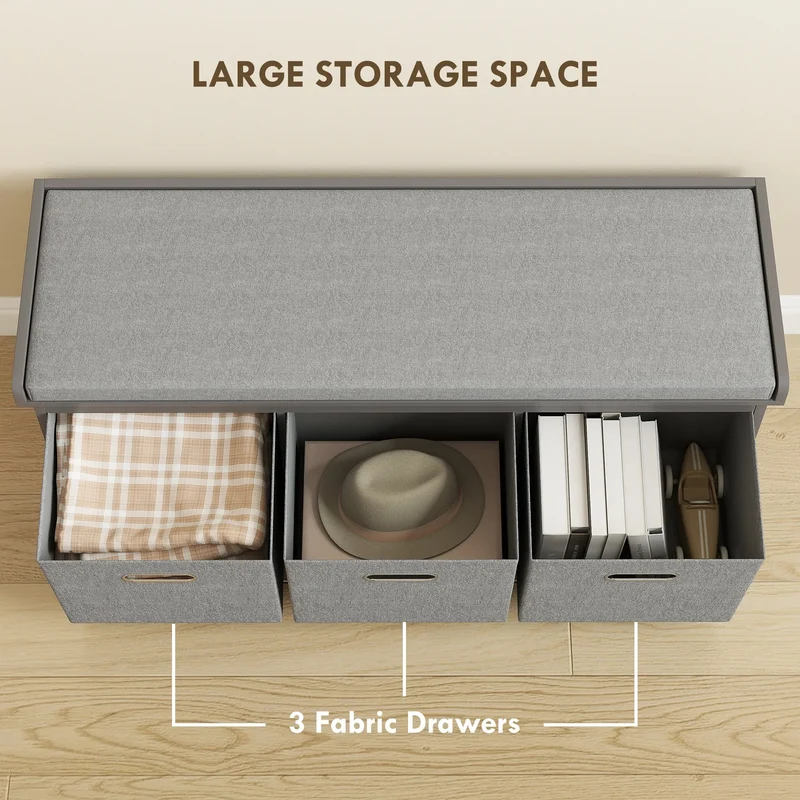 Shoe Storage Bench with Seat, 3 Fabric Drawers, Grey