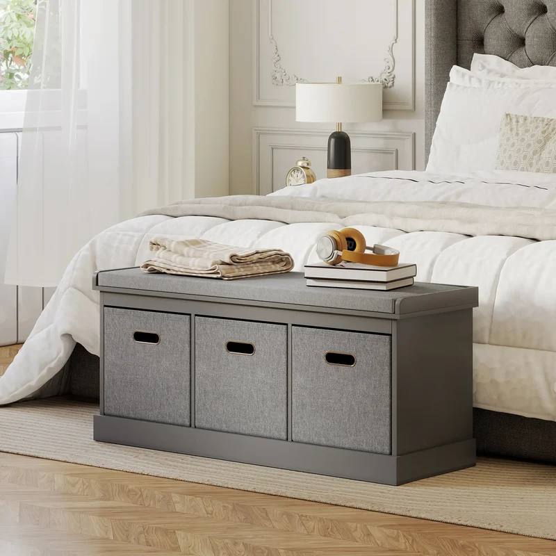 Shoe Storage Bench with Seat, 3 Fabric Drawers, Grey
