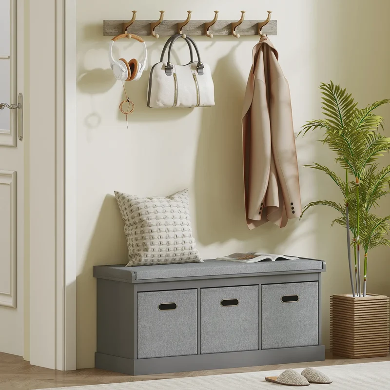 Shoe Storage Bench with Seat, 3 Fabric Drawers, Grey