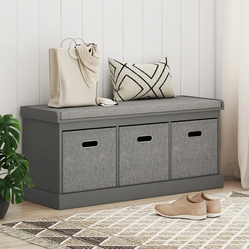 Shoe Storage Bench with Seat, 3 Fabric Drawers, Grey