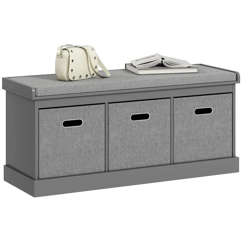 Shoe Storage Bench with Seat, 3 Fabric Drawers, Grey