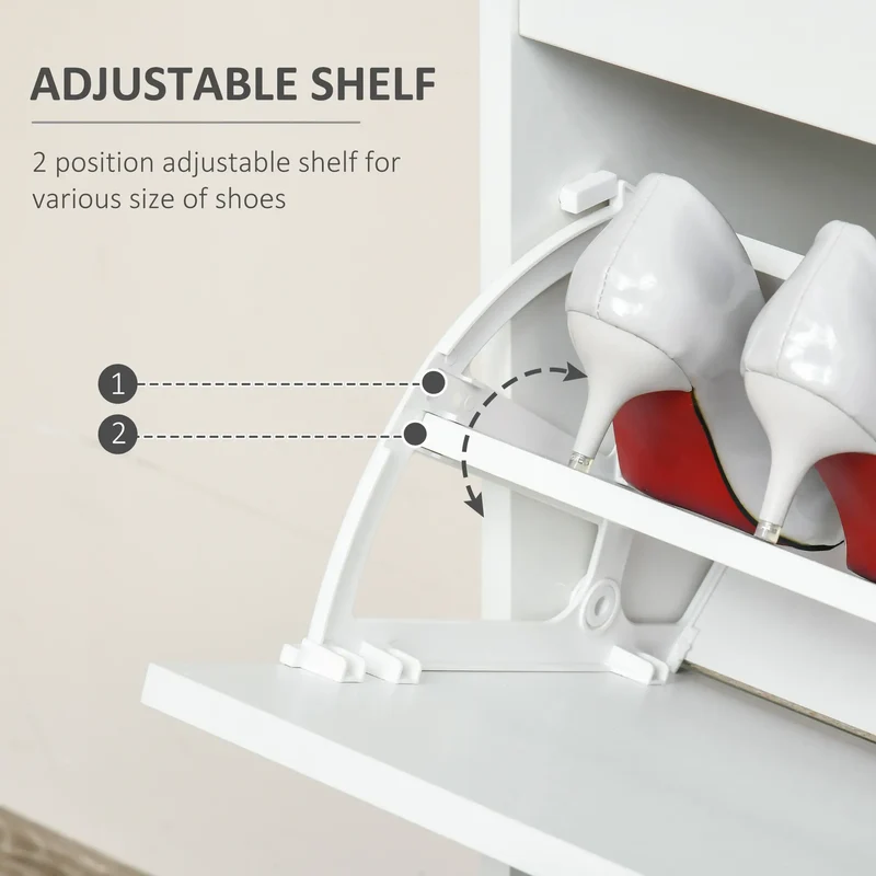 Narrow Shoe Storage, 2 Flip Doors, Adjustable Shelves, Holds 16 Pairs, White