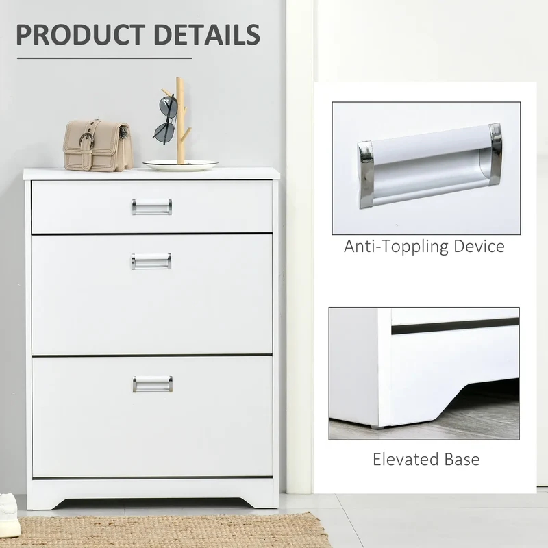 Narrow Shoe Storage, 2 Flip Doors, Adjustable Shelves, Holds 16 Pairs, White