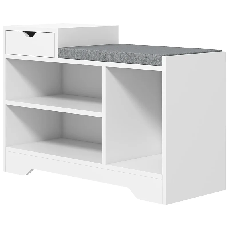 Upholstered Shoe Storage Bench, with Seat, Drawer, 3 Shelves, White