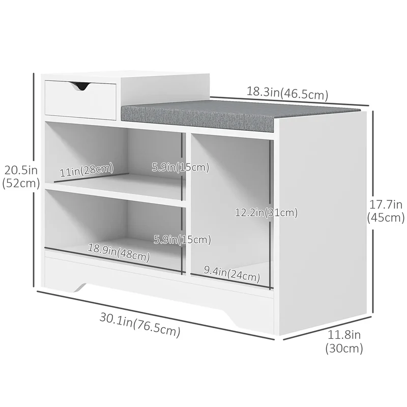 Upholstered Shoe Storage Bench, with Seat, Drawer, 3 Shelves, White