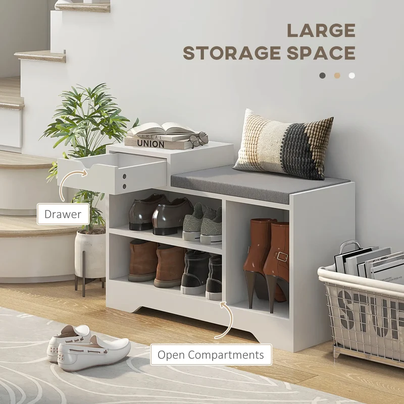 Upholstered Shoe Storage Bench, with Seat, Drawer, 3 Shelves, White