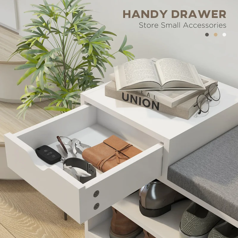 Upholstered Shoe Storage Bench, with Seat, Drawer, 3 Shelves, White