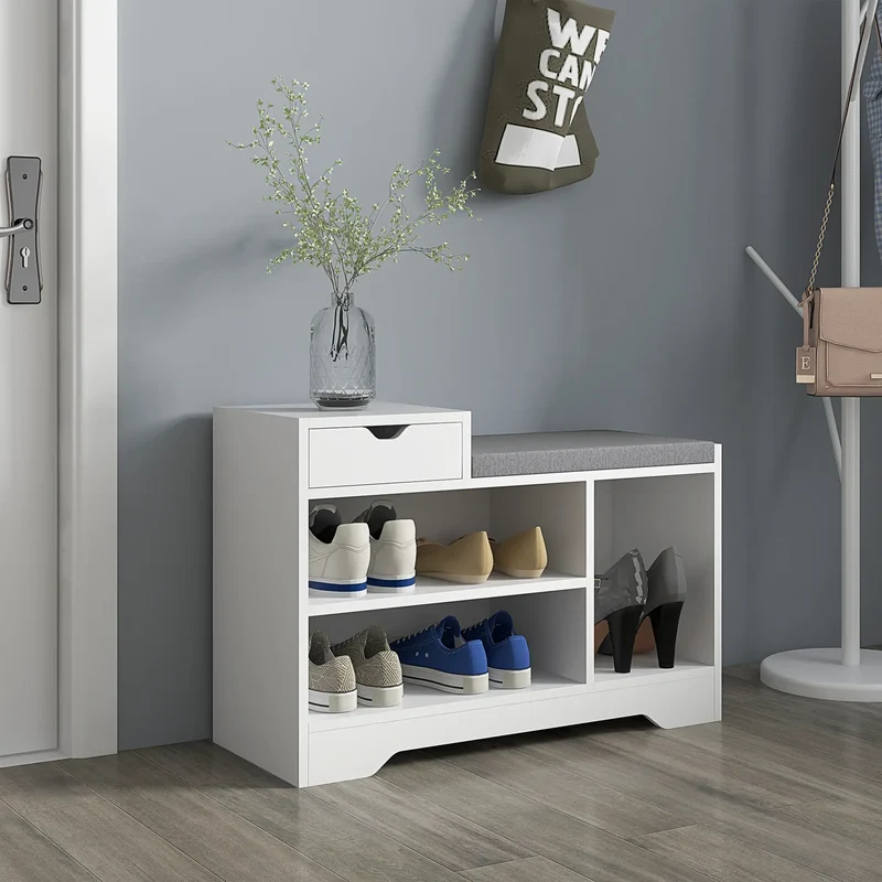 Upholstered Shoe Storage Bench, with Seat, Drawer, 3 Shelves, White