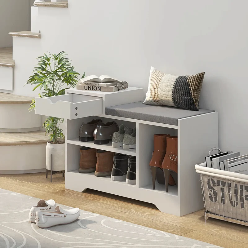 Upholstered Shoe Storage Bench, with Seat, Drawer, 3 Shelves, White