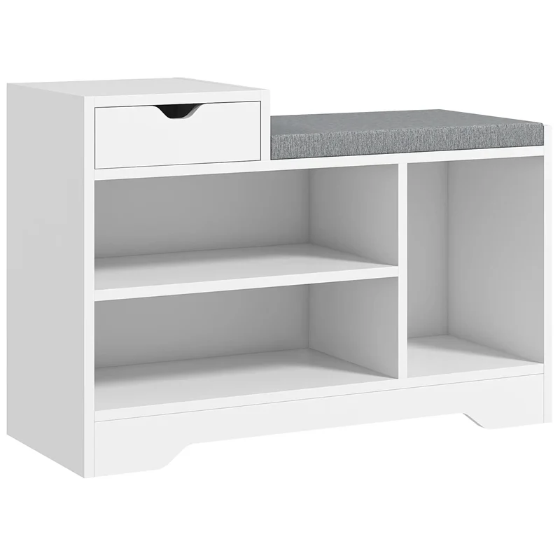 Upholstered Shoe Storage Bench, with Seat, Drawer, 3 Shelves, White