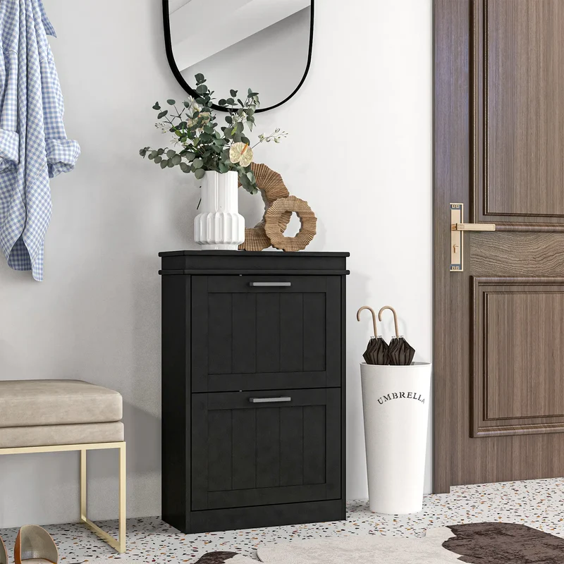 Shoe Storage Cabinet, 2 Flip Drawers, Adjustable Shelves, 10 Pairs, Black