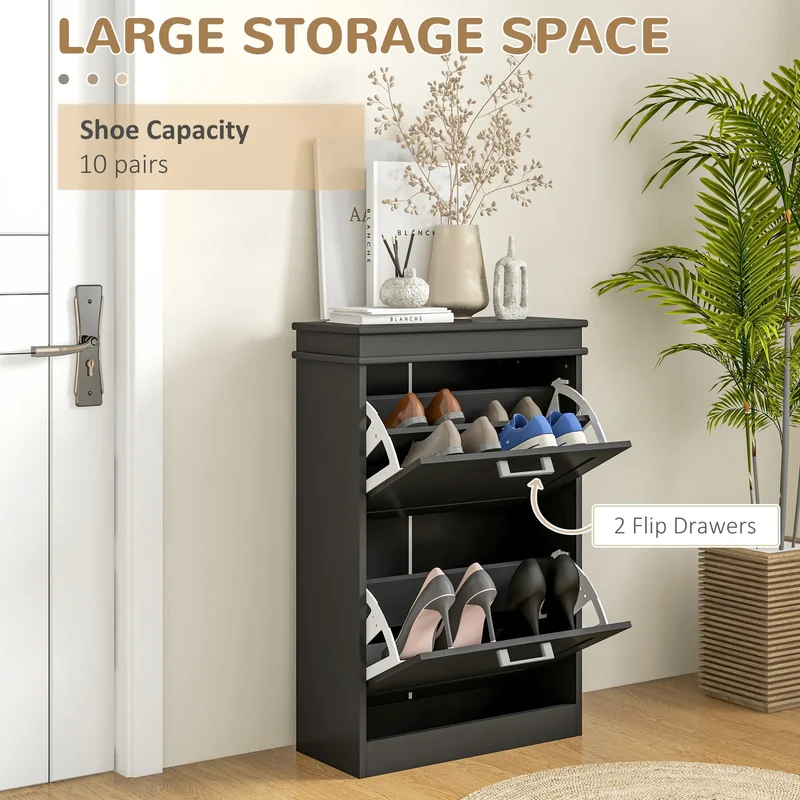 Shoe Storage Cabinet, 2 Flip Drawers, Adjustable Shelves, 10 Pairs, Black