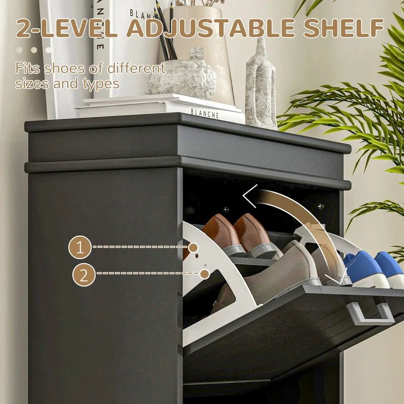 Shoe Storage Cabinet, 2 Flip Drawers, Adjustable Shelves, 10 Pairs, Black